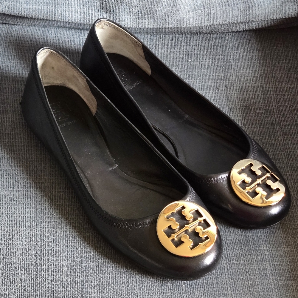 Tory Burch Reva Black Leather Ballet Flats Gold Logo Size 10 Women’s Classic